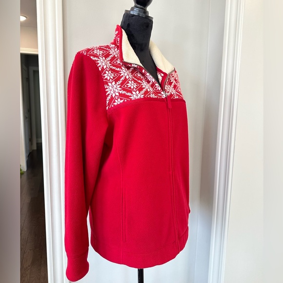 L.L. Bean Nordic Fleece Zip Up Jacket Women Size Large Snowflake ❄️ Red - Picture 7 of 12